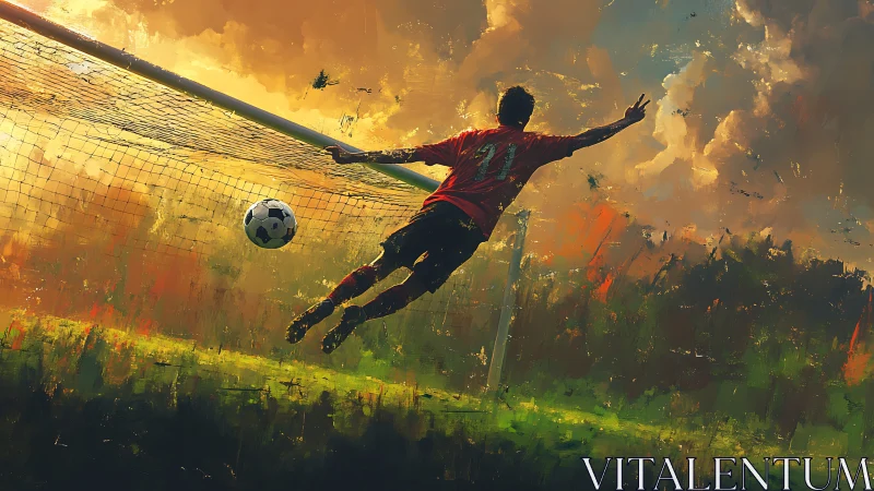 Goalkeeper in blazing sunset dive across painted sky field.