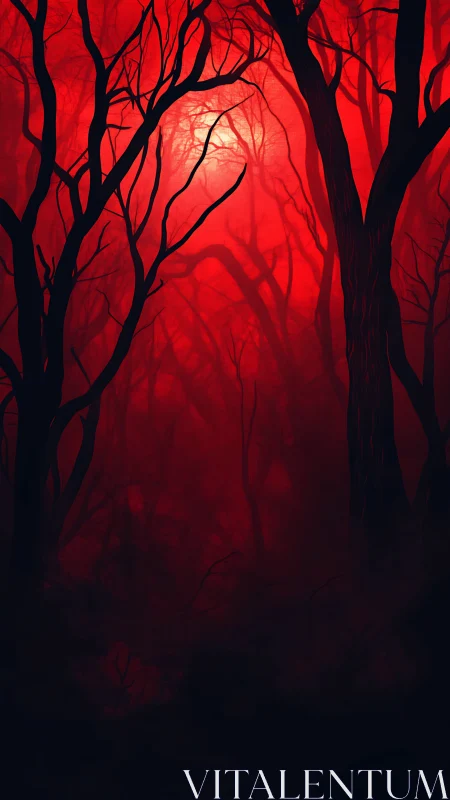 Blood-red forest glows through tangled silhouettes and mist