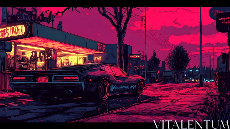Neon dusk lets a lone muscle car haunt the roadside diner
