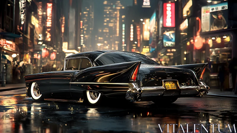 Midcentury finned coupe in neon drenched wet urban nightscape
