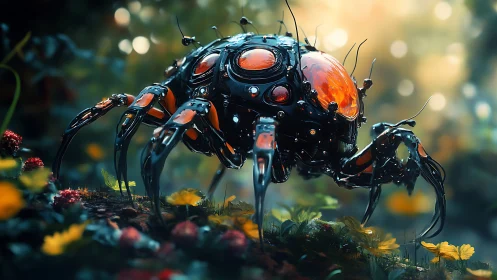 Cybernetic insect drone stalks luminous forest floor.