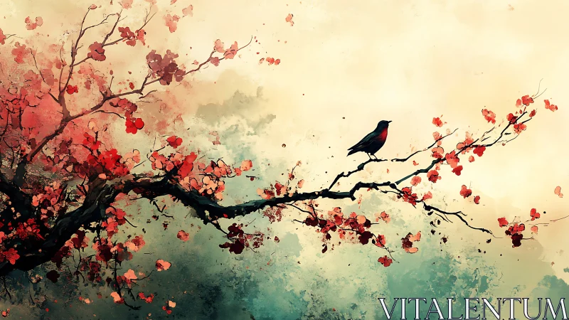 Tranquil Bird on Blossoming Branch, Watercolor Art Style.