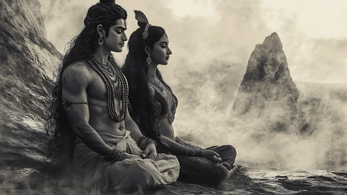 Seated mythic couple in meditative pose on rocky plateau.