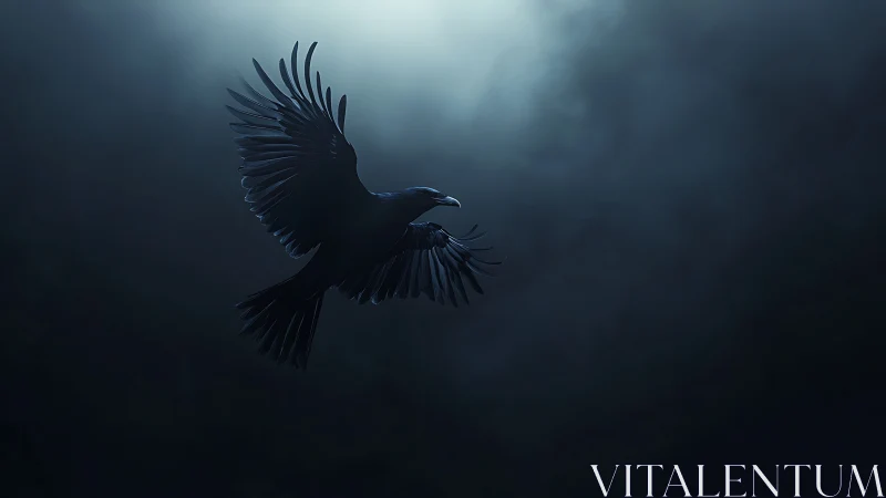 A Graceful Raven Soars Through Misty Twilight Skies