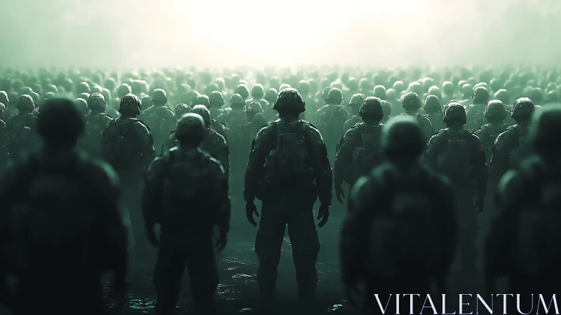 Silhouetted soldiers stand before vast mistlit formation