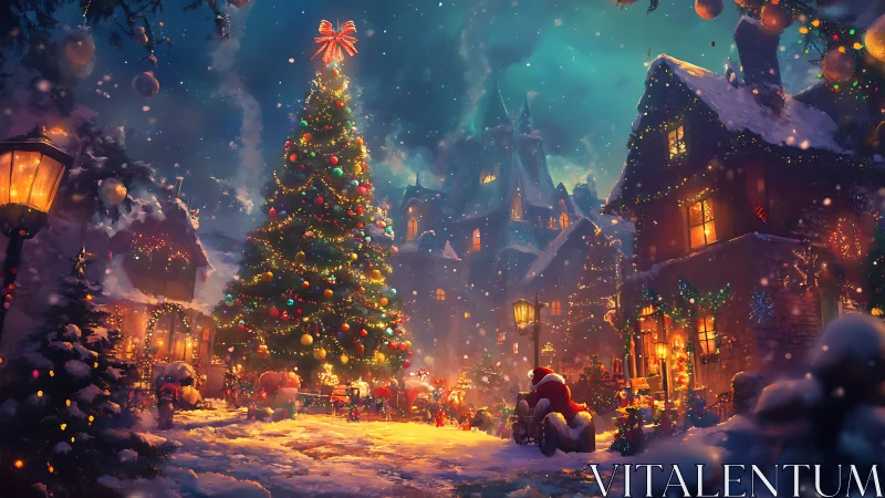 Enchanted village square with luminous Christmas tree centerpiece.