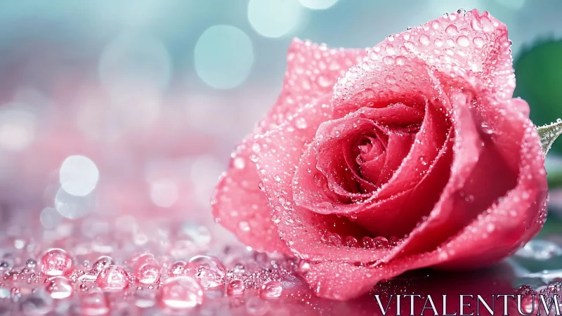 Pink Rose with Dewdrops Under Soft Bokeh Lighting.
