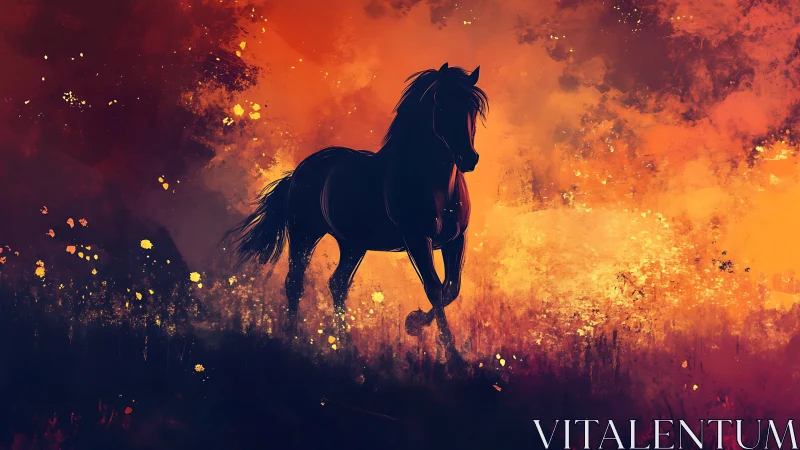 Midnight horse runs boldly through glowing sunset fields