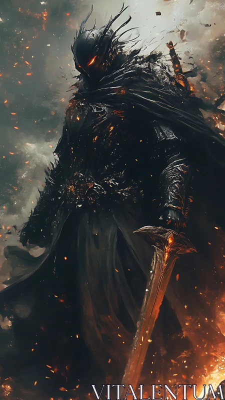 Infernal dark knight with molten sword in volcanic storm.