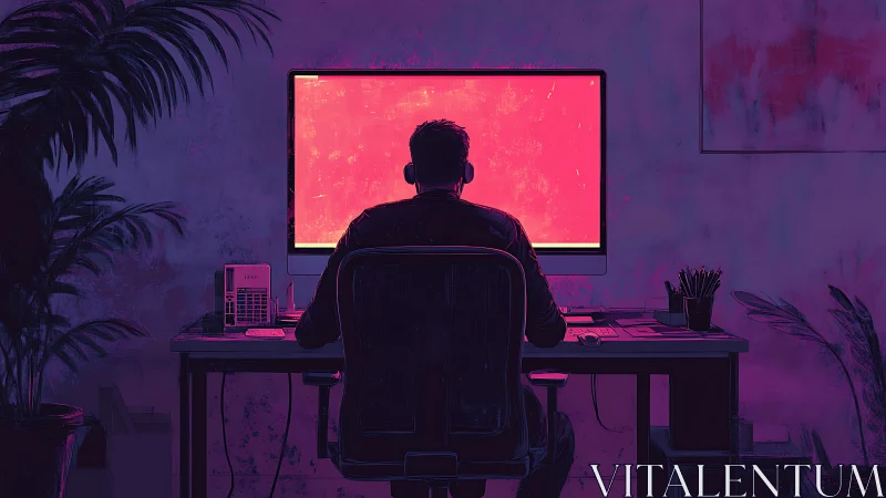 Solitary programmer faces glowing neon monitor at night.