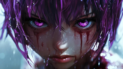 Close-up of intense purple-eyed character with wet, bloody face