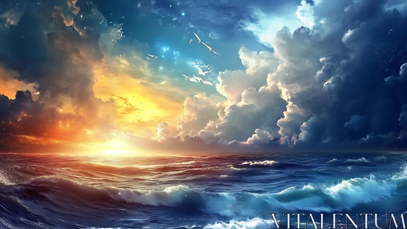 Digital seascape renders turbulent ocean under dramatic sky