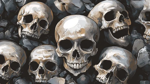 Clustered human skulls rendered with high-contrast digital shading