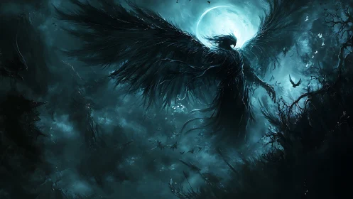 Midnight winged guardian rising beneath a haunted moon.