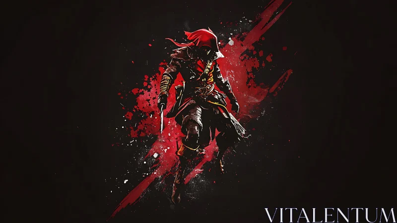 Hooded assassin lunging through crimson ink splatter storm.