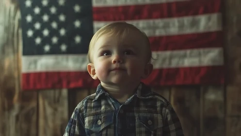 Young child in plaid shirt with American flag background