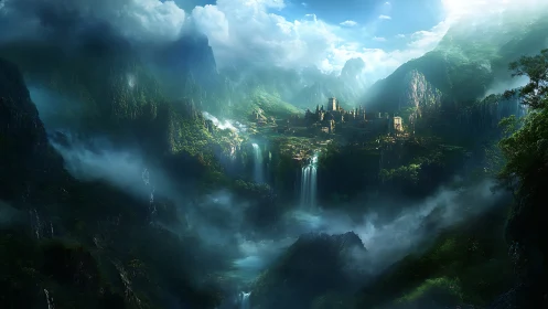 Mystic mountain kingdom glows above waterfalls in dawn mist