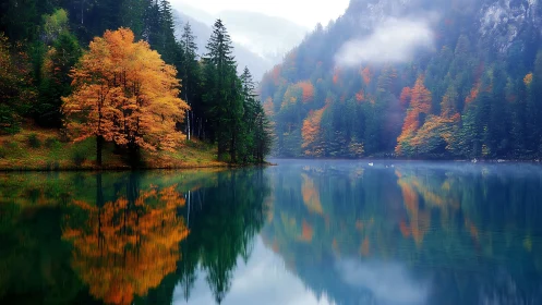 Mountain lake reflects dense autumn forest and mist