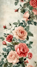 Gentle blush roses climb upward in a softly painted garden