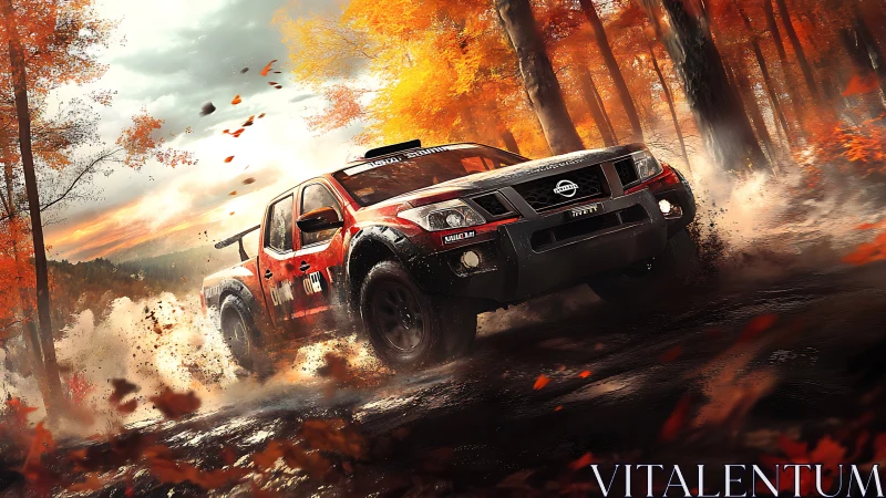 Bold red rally truck charges through a vivid autumn forest