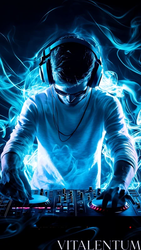 Electric DJ bends neon smoke into pulsing midnight rhythms