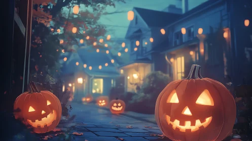 Illuminated carved pumpkins along residential walkway at dusk.