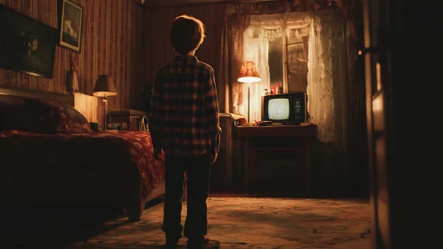 Child standing in dim vintage bedroom facing TV screen.