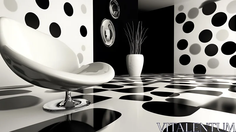 Modern black and white lounge with bold circular interior design