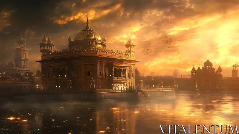 Golden temple complex reflects in misty water at sunset