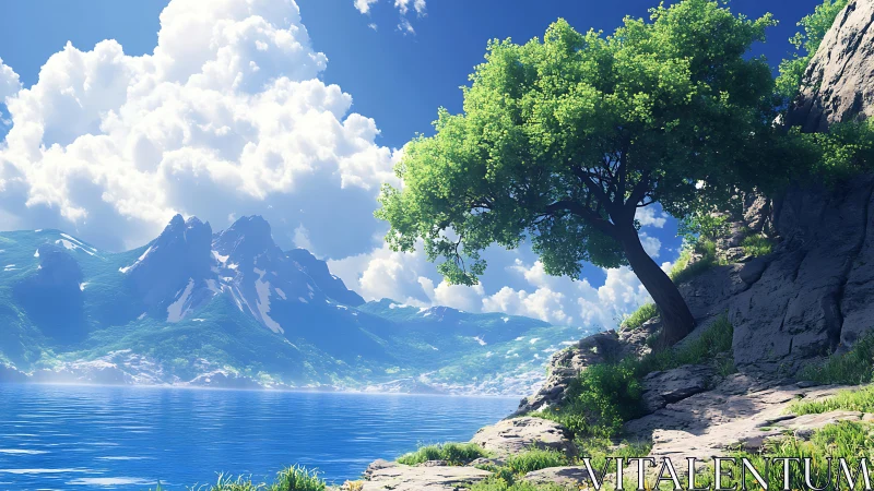 Lone cliffside dreamtree above glassy sapphire lake.