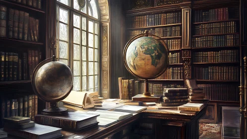 Illuminated cartographic study in a walnut panel library.