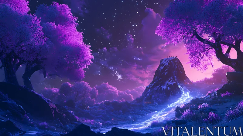 Starlit river of light climbs a violet mountain under dreaming skies