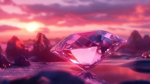 Pink crystal diamond rests over iridescent sunset shore.