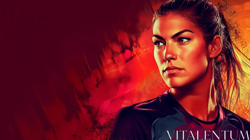 Dynamic female athlete portrait in fiery digital gradients.