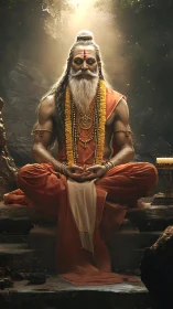 Ascetic sage meditates in cavern altar under divine light