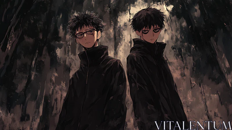 Dual monochrome silhouettes in rain-streaked anime corridor.