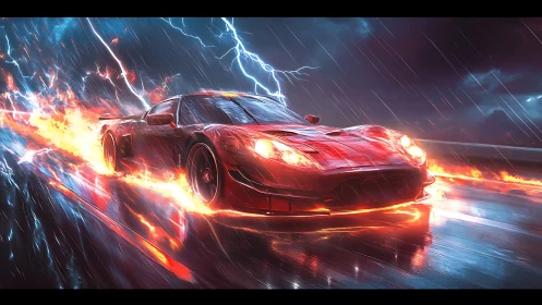 Red sports car races through storm on fiery wet highway