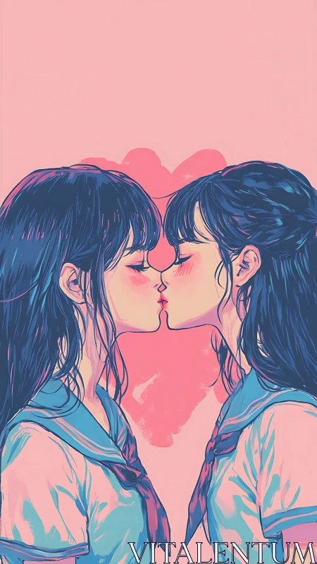 Blushing schoolgirls trade a tender kiss in pastel starlight.