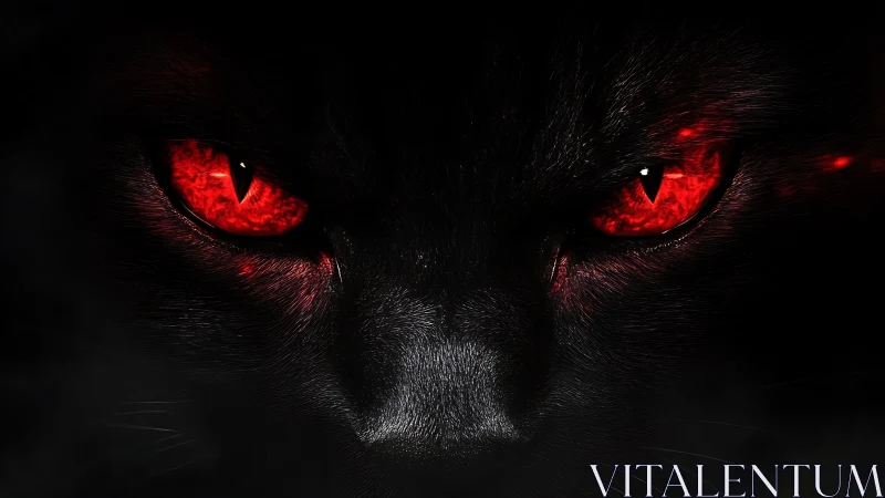 Digital close-up focuses on black feline face with red eyes