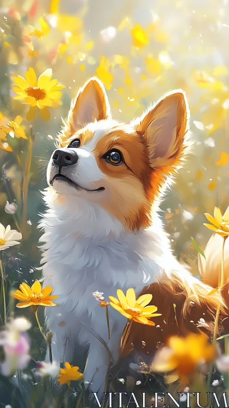 Sunlit corgi daydreaming among glowing golden flowers.