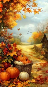 Autumn rural path with pumpkins, foliage, and distant sky.