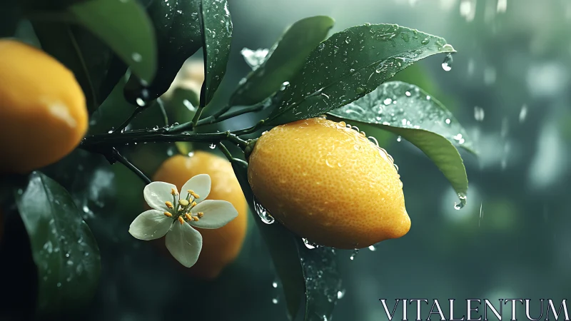 Lemon fruit and blossom are shown on wet branch in rain