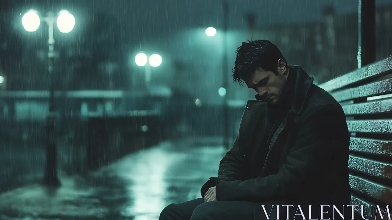 Man on rain-soaked bench under cold urban streetlights.