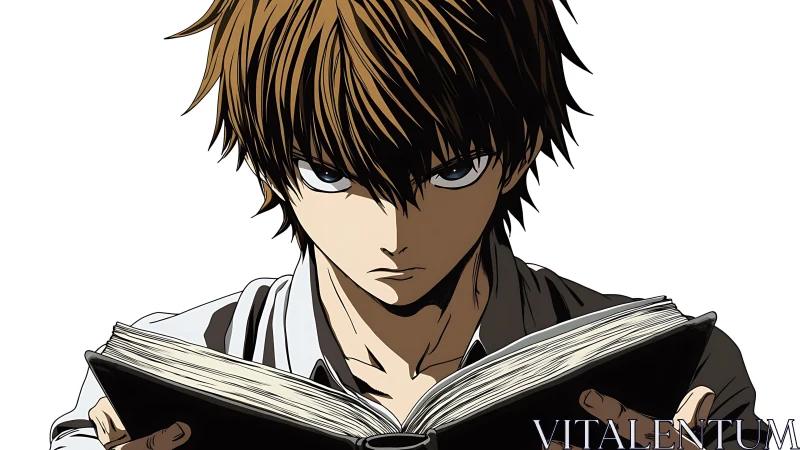 Brooding anime teen studying ominous open notebook intently.