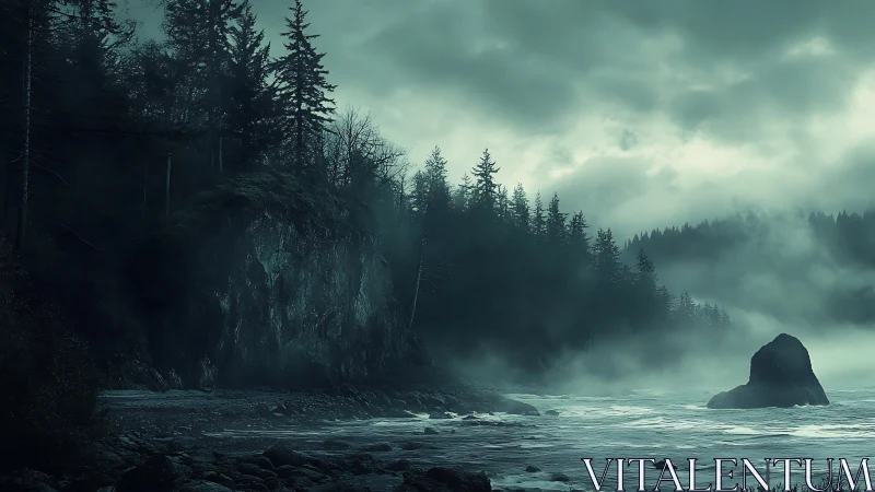 Moody coastal conifer forest in cinematic photoreal style.