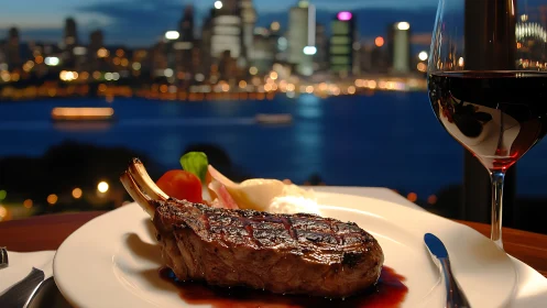 Skyline-kissed steak dinner basking in twilight city glow.