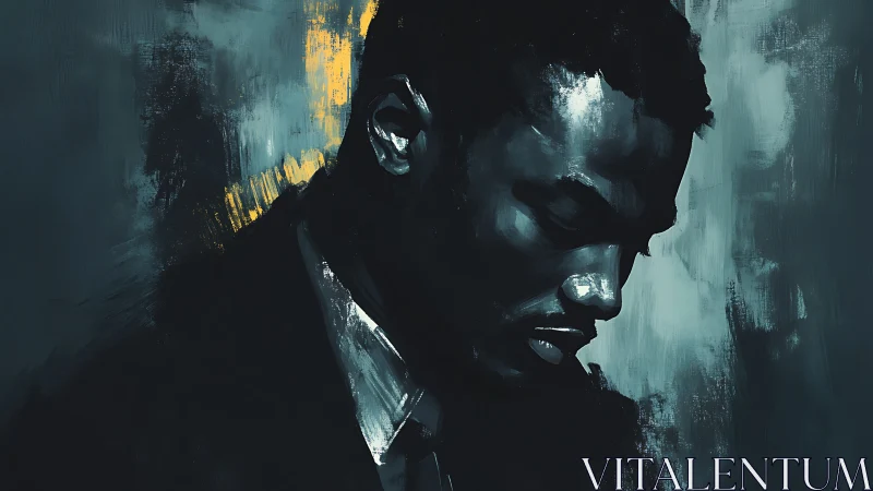 Somber male portrait rendered in moody blue brushstrokes