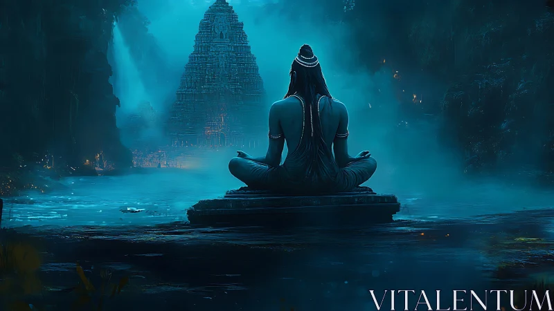 Meditating ascetic silhouette before misty stepped temple at dusk.