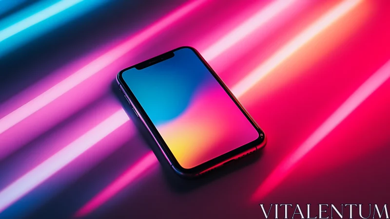 Smartphone display reflects neon gradient under streaked LED lighting