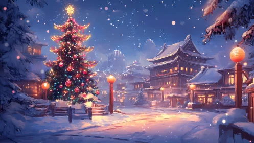 Snowy village square glows softly around a festive tree